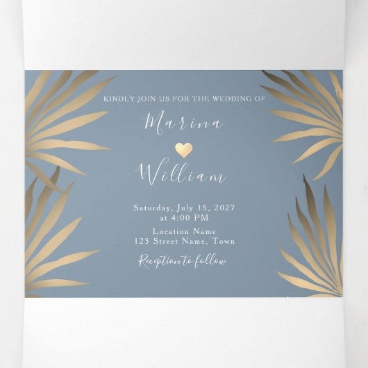 Moderne Hochzeit am Blue Beach Dreifach Gefaltete Einladung (Innenseite Mitte)