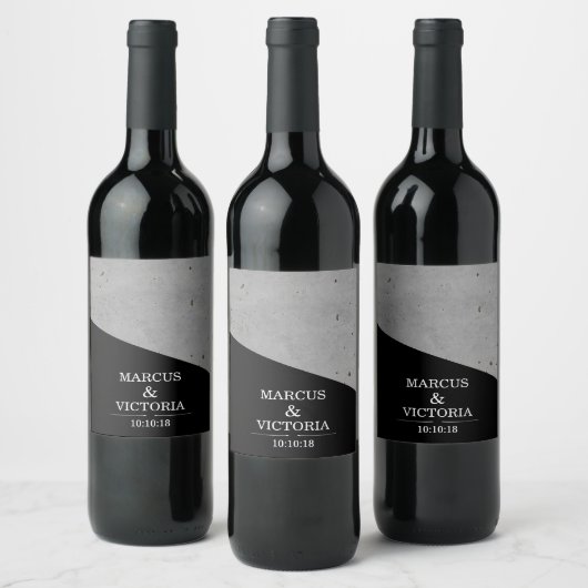 Moderne Hochzeit aus Beton in Schwarz und Weiß Weinetikett (Flaschen)
