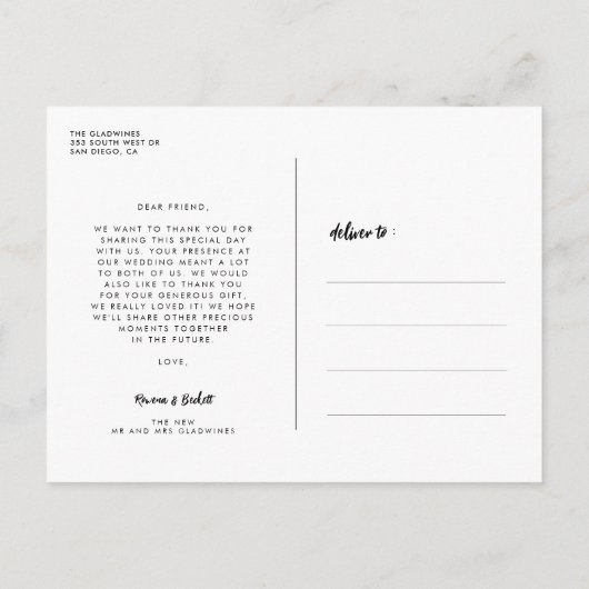 Moderne Hochzeit Danke Foto Postkarte (Rückseite)