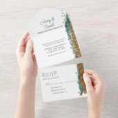 Moderne Hochzeit der Aquamarinen Goldsparkle All In One Einladung (Abreißen)