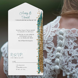 Moderne Hochzeit der Aquamarinen Goldsparkle All In One Einladung