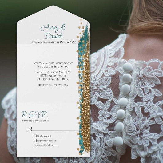 Moderne Hochzeit der Aquamarinen Goldsparkle All In One Einladung