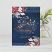 Moderne Hochzeit der Blauen Burgund Einladung (Stehend Vorderseite)