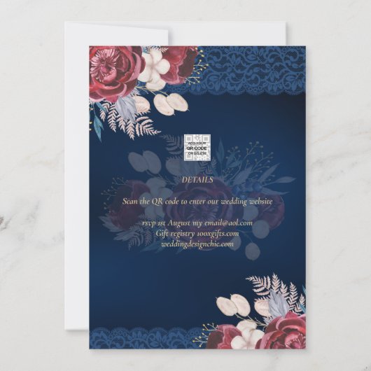 Moderne Hochzeit der Blauen Burgund Einladung (Rückseite)