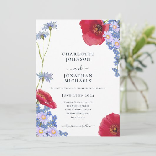 Moderne Hochzeit der Blauen Wildblume Einladung (Stehend Vorderseite)