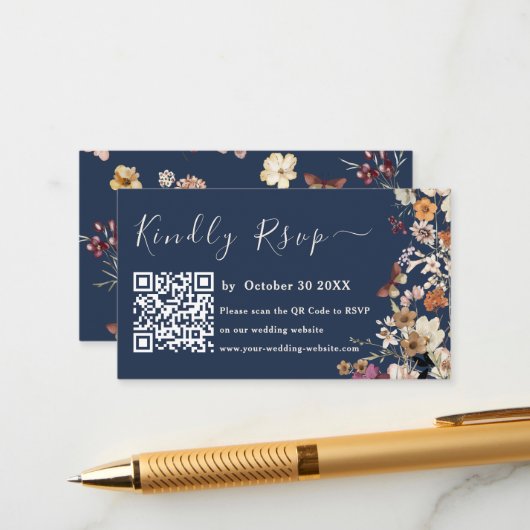 Moderne Hochzeit der Blue Wildblume Qr Code UAwg Begleitkarte (Vorderseite/Rückseite Beispiel)