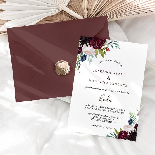 Moderne Hochzeit der Burgundy Navy Blush Spanische Einladung