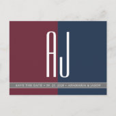 Moderne Hochzeit der Burgundy Navy in Blue Save th Ankündigungspostkarte (Vorderseite)