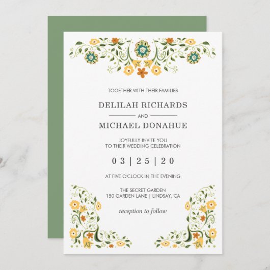 Moderne Hochzeit der grünen Gelbblüte Einladung (Vorne/Hinten)