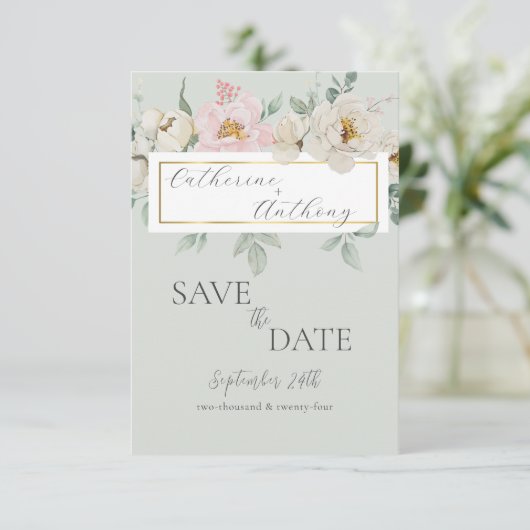 Moderne Hochzeit der grünen Golfloralblüte Save The Date (Stehend Vorderseite)