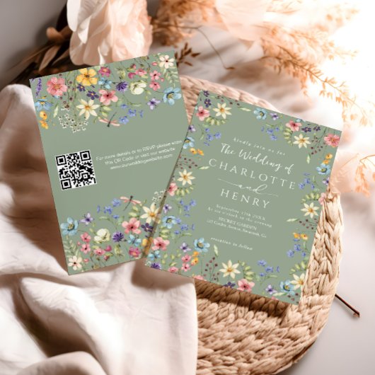 Moderne Hochzeit der Grünen Wildblume mit QR-Code Einladung