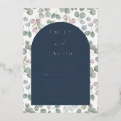 Moderne Hochzeit der Marine & Silver Botancial Wat Folieneinladung (Vorderseite)