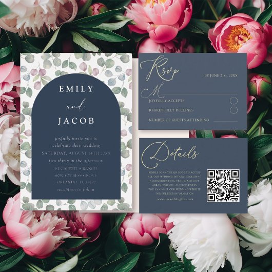 Moderne Hochzeit der Marine & Silver Botancial Wat Folieneinladung