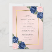 Moderne Hochzeit der Navy Blue Blush Pink Gold Flo Einladung (Vorderseite)