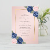 Moderne Hochzeit der Navy Blue Blush Pink Gold Flo Einladung (Stehend Vorderseite)