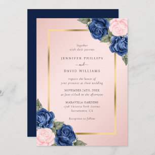 Moderne Hochzeit der Navy Blue Blush Pink Gold Flo Einladung