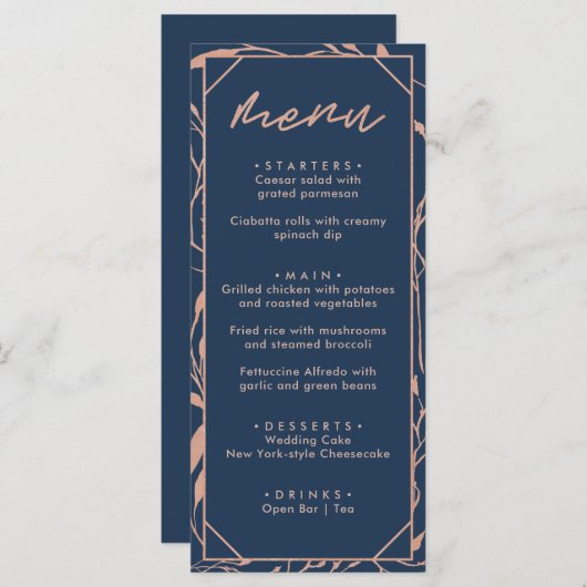 Moderne Hochzeit der Navy Blue & Rose Menükarte (Vorne/Hinten)