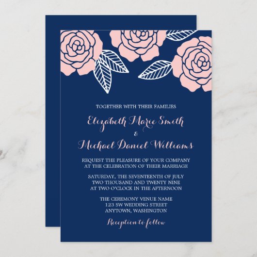 Moderne Hochzeit der Navy in Blau und Rosa in Rosa Einladung (Vorne/Hinten)