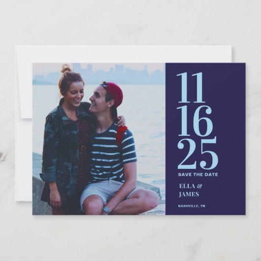 Moderne Hochzeit der Navy mit zwei Fotos retten da Save The Date (Vorderseite)