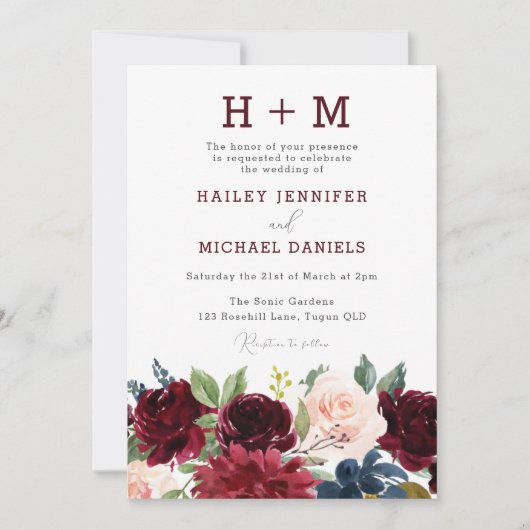 Moderne Hochzeit der Red Watercolor Monogram Einladung (Vorderseite)