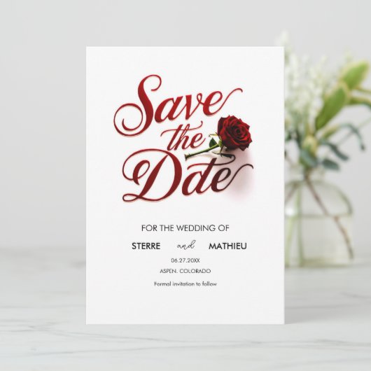 Moderne Hochzeit der Rote Rose Save The Date (Stehend Vorderseite)