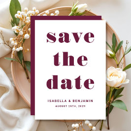 Moderne Hochzeit der roten Typografie in Burgund Save The Date