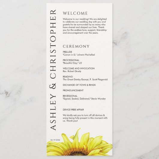 Moderne Hochzeit der Sonnenblumen Programm (Vorderseite)