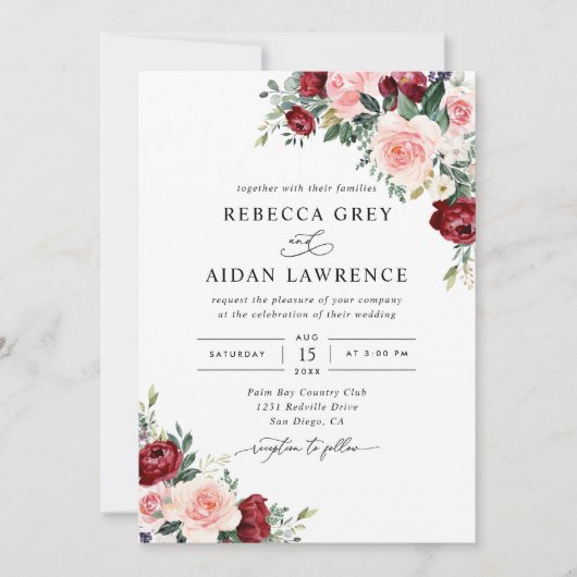 Moderne Hochzeit der Wasserfarbe Burgund Blush Flo Einladung (Vorderseite)