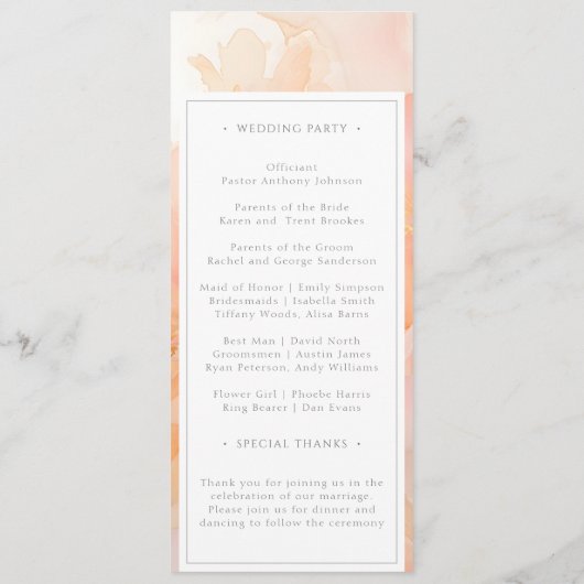 Moderne Hochzeit der Wasserfarben Peach Floral Programm (Rückseite)