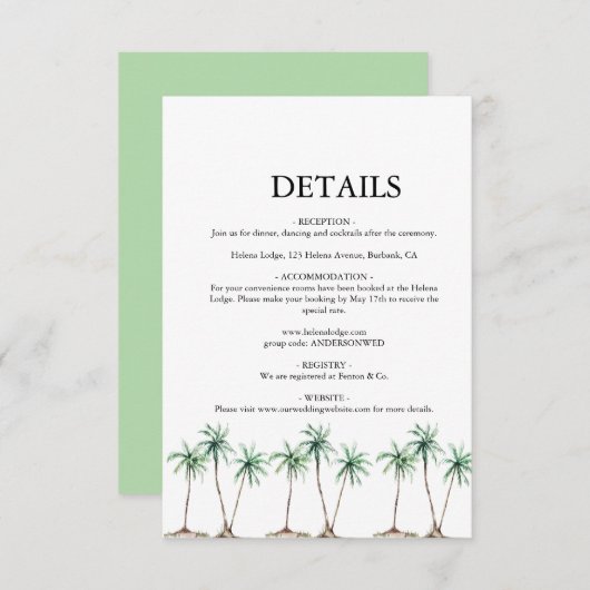 Moderne Hochzeit der Wasserfarbenpalme Begleitkarte (Vorne/Hinten)