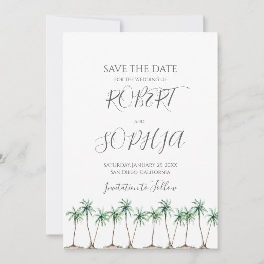 Moderne Hochzeit der Wasserfarbenpalme Save The Date (Vorderseite)