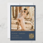 Moderne Hochzeit des Blue Gold Foto QR Code Einladung (Rückseite)