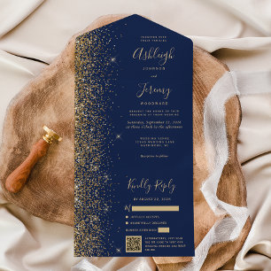 Moderne Hochzeit des Blue Gold Glitzer QR Code All In One Einladung