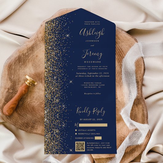 Moderne Hochzeit des Blue Gold Glitzer QR Code All In One Einladung