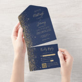 Moderne Hochzeit des Blue Gold Glitzer QR Code All In One Einladung (Abreißen)