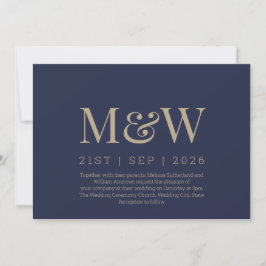Moderne Hochzeit des Blue Gold Monogram Einladung