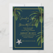 Moderne Hochzeit des Blue Gold Palm Tree Navy am S Einladung (Vorderseite)