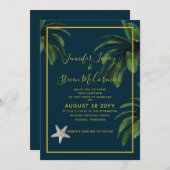 Moderne Hochzeit des Blue Gold Palm Tree Navy am S Einladung (Vorne/Hinten)