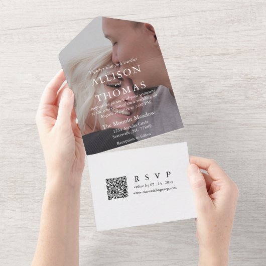 Moderne Hochzeit des Blue QR Code Monogram All In One Einladung (Abreißen)