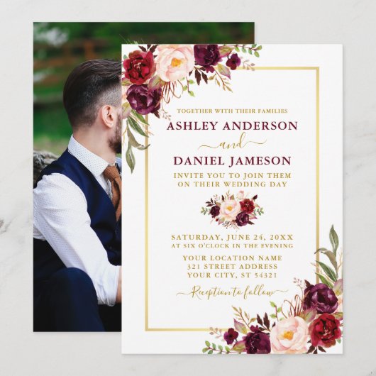 Moderne Hochzeit des Fotos Burgund Einladung (Vorne/Hinten)