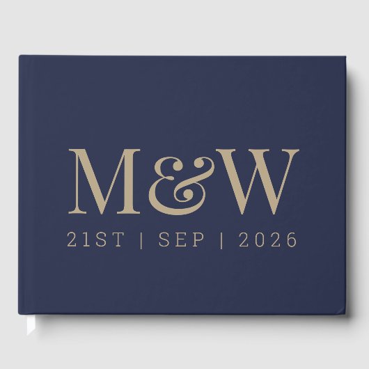 Moderne Hochzeit des Gold Monogram Navy Gästebuch (Vorderseite)