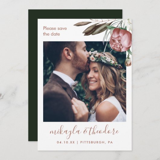 Moderne Hochzeit des grünen Boho-Fotos Save The Date (Vorne/Hinten)