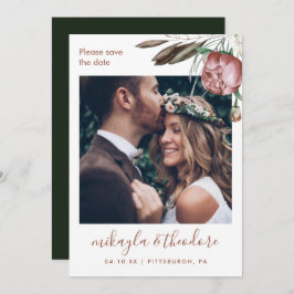 Moderne Hochzeit des grünen Boho-Fotos Save The Date