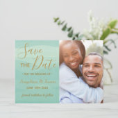 Moderne Hochzeit des grünen Fotos Save The Date (Stehend Vorderseite)