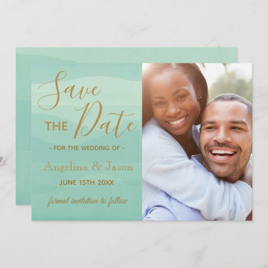 Moderne Hochzeit des grünen Fotos Save The Date (Vorne/Hinten)