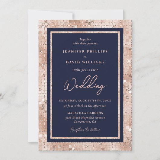 Moderne Hochzeit des Navy Blue Rose Gold Foil Glit Einladung (Vorderseite)