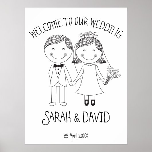 Moderne Hochzeit Doodle Cartoon Pärchen willkommen Poster (Vorne)