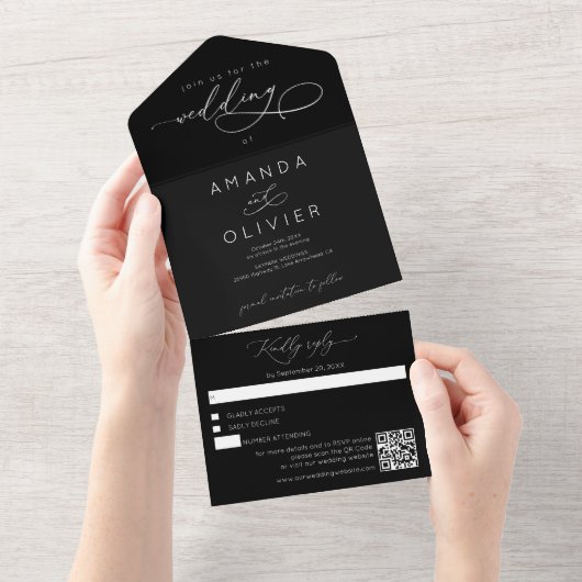 Moderne Hochzeit Elegante Chic Calligraphy Black All In One Einladung (Abreißtisch)