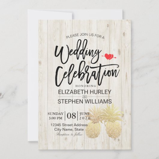 Moderne Hochzeit Goldene Ananas Ehepaar Rustikales Einladung (Vorderseite)