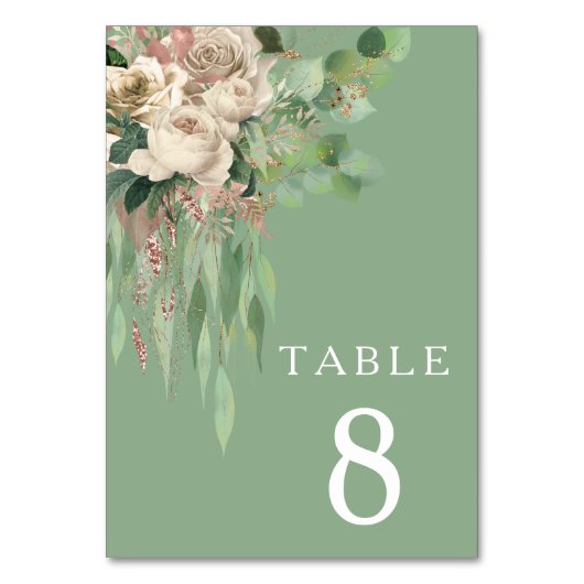 Moderne Hochzeit grüner Blumen Tischnummer (Vorderseite)